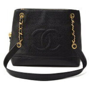 Chanel chain shoulder bag black caviar leather Coco mark